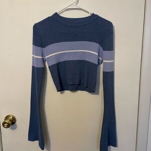 Blue and White Striped Women's Ribbed Knit Crop Top